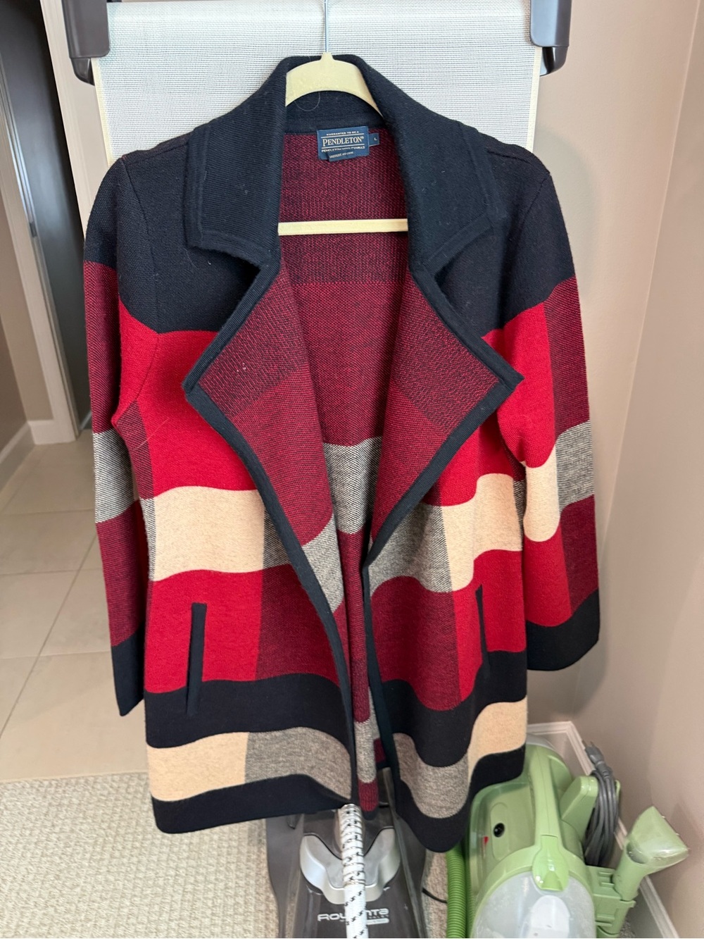Pendleton Red Black Cream Gray Striped Open-Front Cardigan